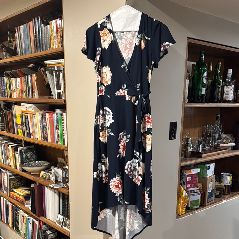 Navy Floral Fortune + Ivy (ps) NWOT High Low Wrap Dress with Flutter Sleeves